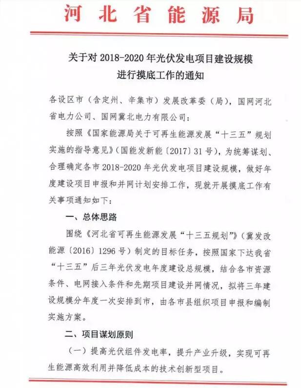 頭條！河北能源局發(fā)布《關(guān)于對2018-2020年光伏發(fā)電項目建設(shè)規(guī)模進(jìn)行摸底工作的通知》