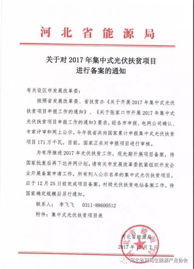 河北對2017年171萬千瓦集中式光伏扶貧項(xiàng)目進(jìn)行備案