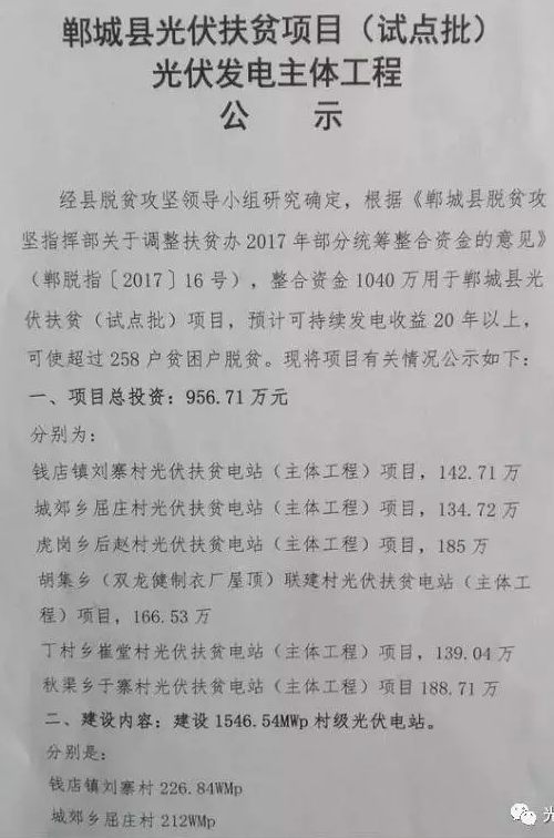 1546.54MW！河南鄲城縣公示光伏扶貧項目（試點批）光伏發(fā)電主體工程